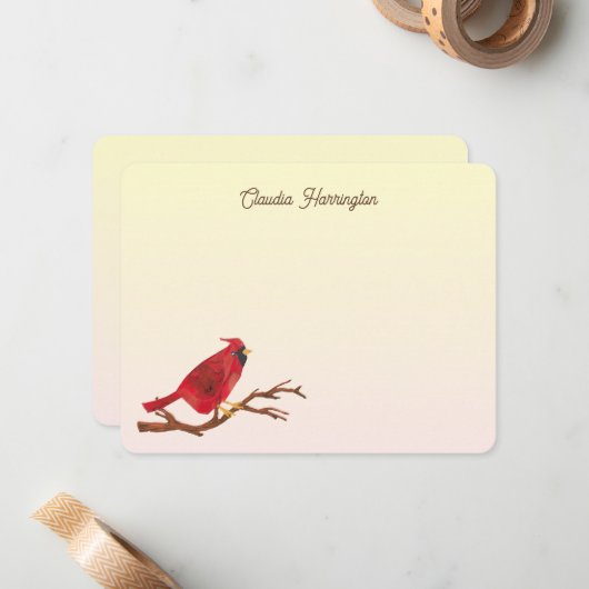レトロな赤いノーザンカーディナルがおしゃれな手描きイラスト ノートカード (正面/裏面インサイチュ)