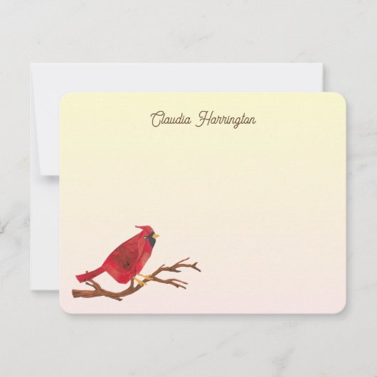レトロな赤いノーザンカーディナルがおしゃれな手描きイラスト ノートカード (正面)