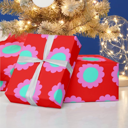 レトロな赤いポップフラワーパターン モッズ60s ボヘミアンスタイル ラッピングペーパー (クリスマス)