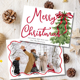 レトロな赤いリボンの松のくねくねフレームの写真のクリスマス シーズンカード