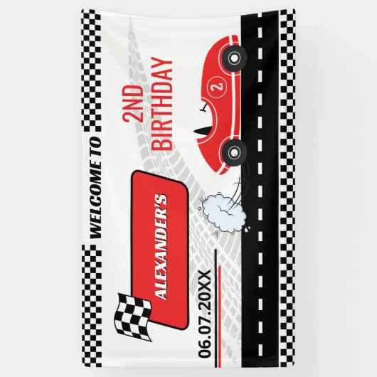 レトロな赤いレースカーが疾走する2歳の男の子の誕生日 横断幕 (縦)