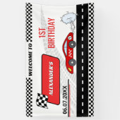 レトロな赤いレースカーの男の子 ファーストボーイ 1歳の誕生日 横断幕 (縦)