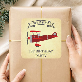 レトロな赤いヴィンテージ飛行機の誕生日パーティーファーバー スクエアシール