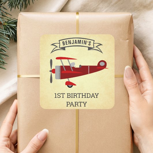 レトロな赤いヴィンテージ飛行機の誕生日パーティーファーバー スクエアシール