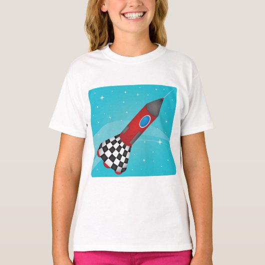 レトロな赤い宇宙船の宇宙ギャラクシー Tシャツ (正面)