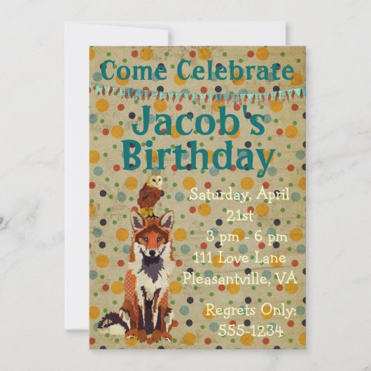 レトロな赤い狐とフクロウの誕生日招待状 招待状 (正面)