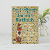 レトロな赤い狐とフクロウの誕生日招待状 招待状 (スタンド正面)