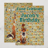 レトロな赤い狐とフクロウの誕生日招待状 招待状 (正面/裏面)