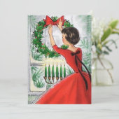 レトロな赤い花輪のクリスマス女性 シーズンカード (スタンド正面)