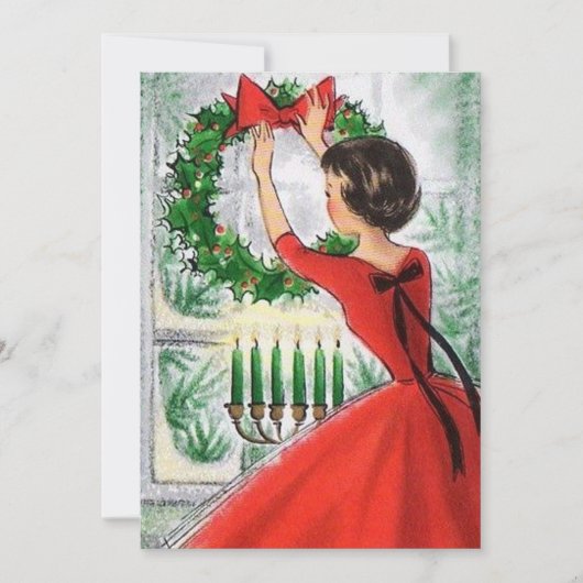 レトロな赤い花輪のクリスマス 女性 シーズンカード (正面)