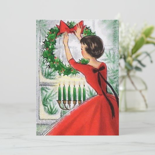 レトロな赤い花輪のクリスマス 女性 シーズンカード (スタンド正面)