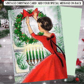 レトロな赤い花輪のクリスマス 女性 シーズンカード