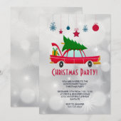 レトロな赤い車がクリスマスツリーを運ぶパーティー 招待状 (正面/裏面)
