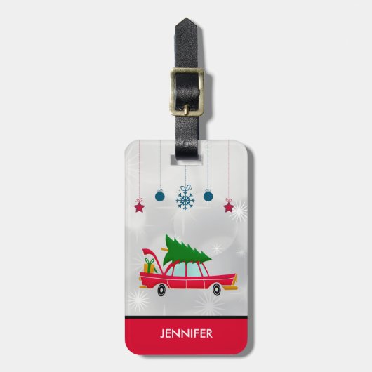 レトロな赤い車のクリスマスツリー ラゲッジタグ (正面縦)