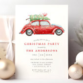 レトロな赤い車のヴィンテージ水彩クリスマスパーティー 招待状