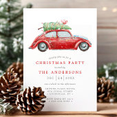 レトロな赤い車のヴィンテージ水彩クリスマスパーティー 招待状