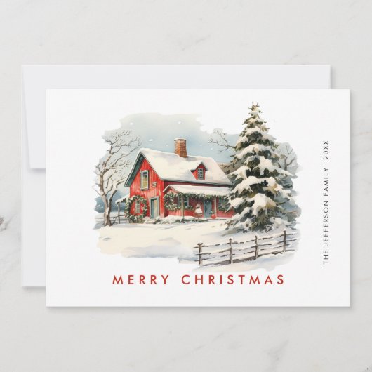 レトロな赤い農家の納屋のクリスマスツリーのグリーティング シーズンカード (正面)