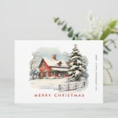 レトロな赤い農家の納屋のクリスマスツリーのグリーティング シーズンカード (スタンド正面)