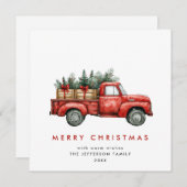 レトロな赤い農用トラックのクリスマスツリーの挨 シーズンカード (正面/裏面)