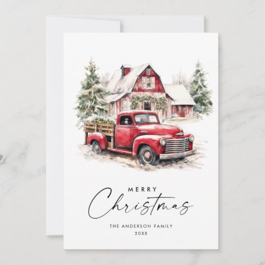 レトロな赤い農用トラックのクリスマスツリーの挨 シーズンカード (正面)