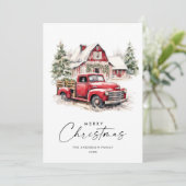レトロな赤い農用トラックのクリスマスツリーの挨 シーズンカード (スタンド正面)