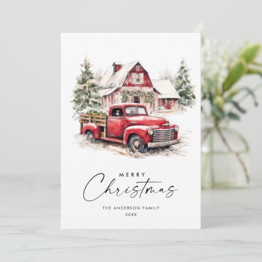 レトロな赤い農用トラックのクリスマスツリーの挨 シーズンカード