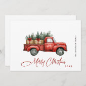 レトロな赤い農用トラックのクリスマスツリーの挨 シーズンカード (正面/裏面)