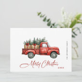 レトロな赤い農用トラックのクリスマスツリーの挨 シーズンカード (スタンド正面)