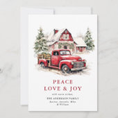 レトロな赤い農用トラックのクリスマスツリーの挨 シーズンカード (正面)
