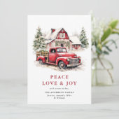 レトロな赤い農用トラックのクリスマスツリーの挨 シーズンカード (スタンド正面)