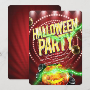 レトロな赤い電飾のハロウィンディスコパンプキン 招待状