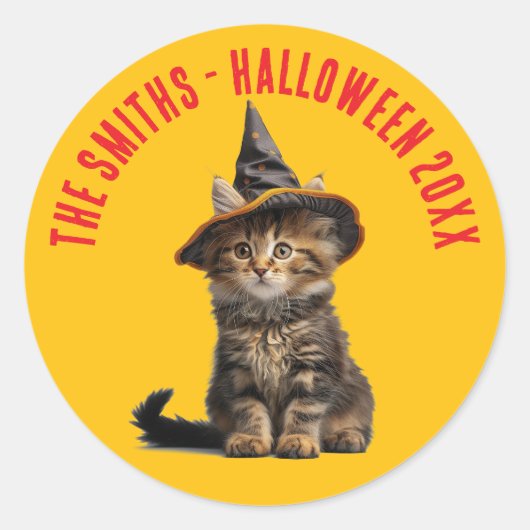 レトロな赤とオレンジの子猫魔女ハロウィン ラウンドシール (正面)