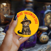 レトロな赤とオレンジの子猫魔女ハロウィン ラウンドシール