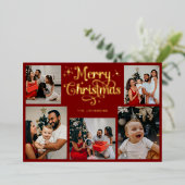 レトロな赤とゴールドのメリークリスマス家族写真 箔シーズンカード (立ち正面)