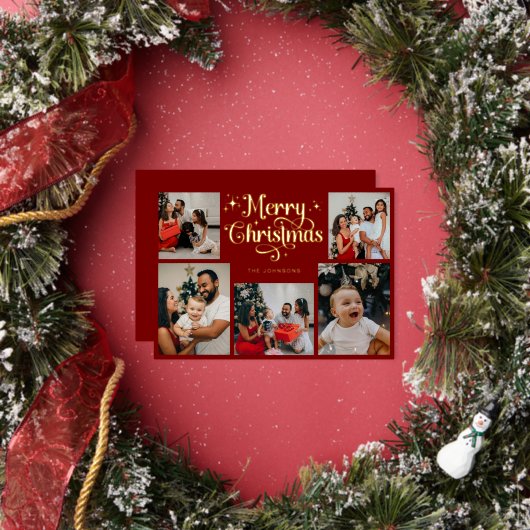 レトロな赤とゴールドのメリークリスマス家族写真 箔シーズンカード (インサイチュ)