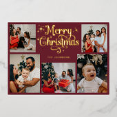 レトロな赤とゴールドのメリークリスマス家族写真 箔シーズンカード (正面)