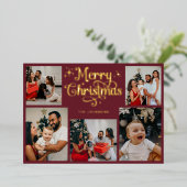 レトロな赤とゴールドのメリークリスマス家族写真 箔シーズンカード (立ち正面)