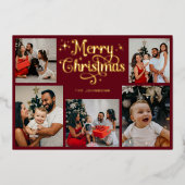 レトロな赤とゴールドのメリークリスマス家族写真 箔シーズンカード (正面)