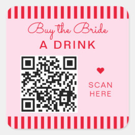 レトロな赤とピンクのストライプ 結婚前のお祝いQRコード スクエアシール