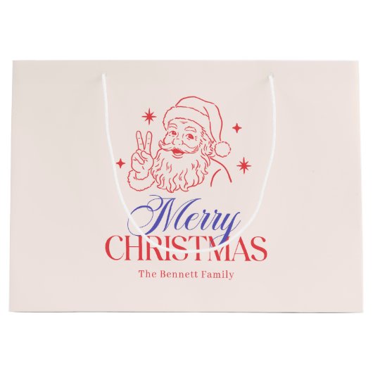 レトロな赤と青のクリスマスサンタクロース ラージペーパーバッグ (正面)