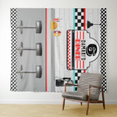 レトロな赤と青のチェック柄ダイナーカウンター背景 タペストリー (インサイチュ(横))