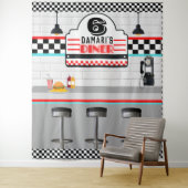 レトロな赤と青のチェック柄ダイナーカウンター背景 タペストリー (インサイチュ)