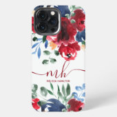 レトロな赤と青の上品な花の水彩モノグラム iPhoneケース (裏面)