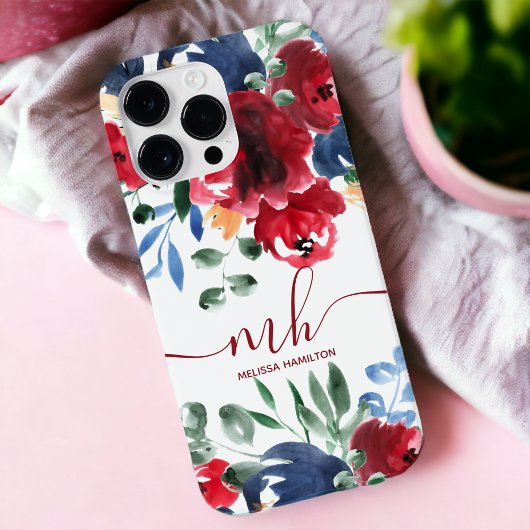 レトロな赤と青の上品な花の水彩モノグラム iPhoneケース