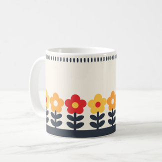 レトロな赤と黄色とオレンジの花柄コーヒーマグ コーヒーマグカップ