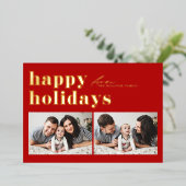 レトロな赤のタイポグラフィー ホリデーシーズンおめでとう 2つの写真 箔シーズンカード (立ち正面)
