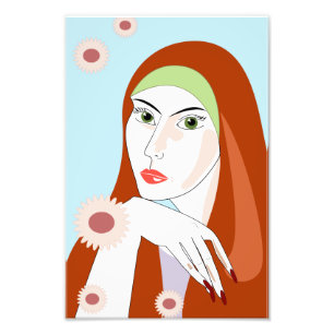 レトロな赤毛の花柄ファッションポートレートアート フォトプリント           