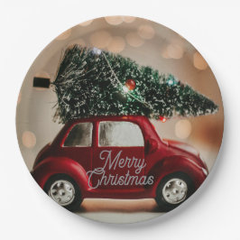 レトロな車がクリスマスツリーを運ぶペーパープレート ペーパープレート