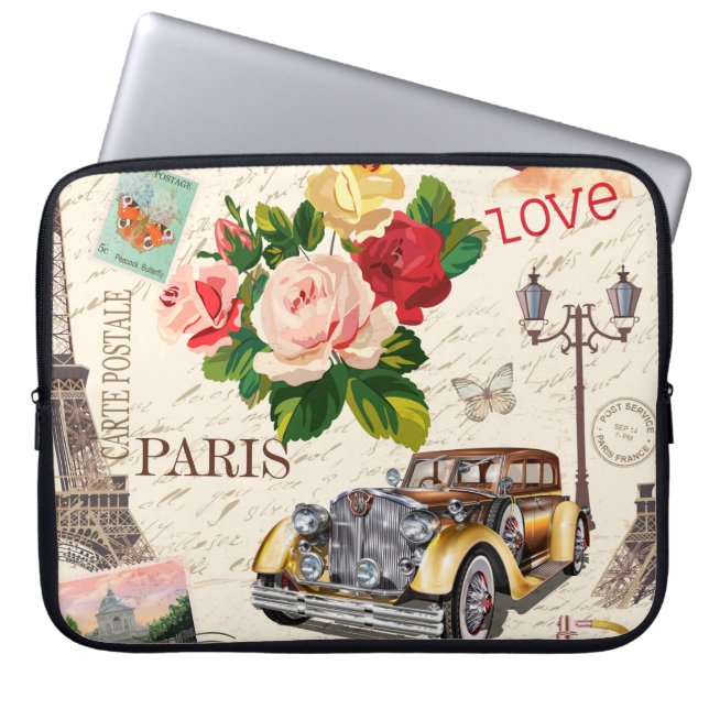 レトロな車でシームレスなパリヴィンテージの背景、 ラップトップスリーブ (正面)