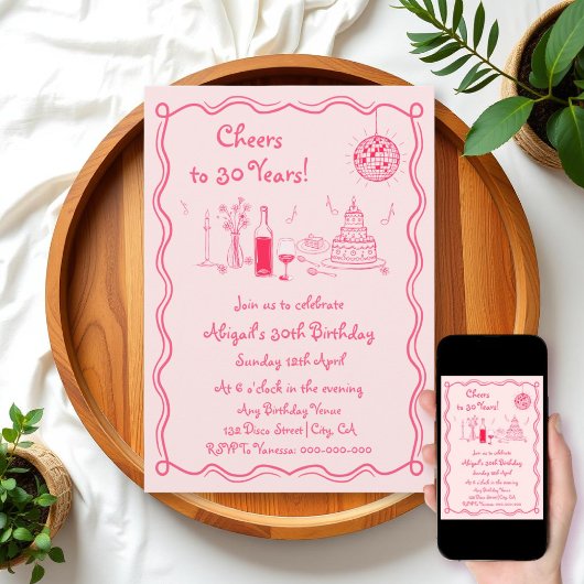 レトロな遊び心のあるホットピンクの落書き誕生日 招待状